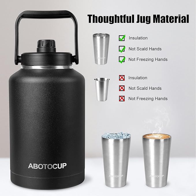 1.5 Gallon Water Jug with Wide Mouth, 192oz Insulated Water Bottle Keep Cold24h&Hot12h, Comes with Ergonomic Handle, Two Double Walled 16oz 18/8 Stainless Steel Cups Thermo Canteen Mug