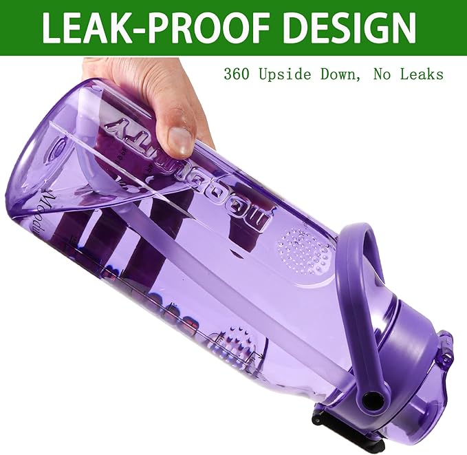 Motivational Half Gallon/64oz Water Bottle with Straw & Time Marker& Handle, Leak-Proof Tritan Water Jug for Fitness,Outdoor, Sport (Purple)