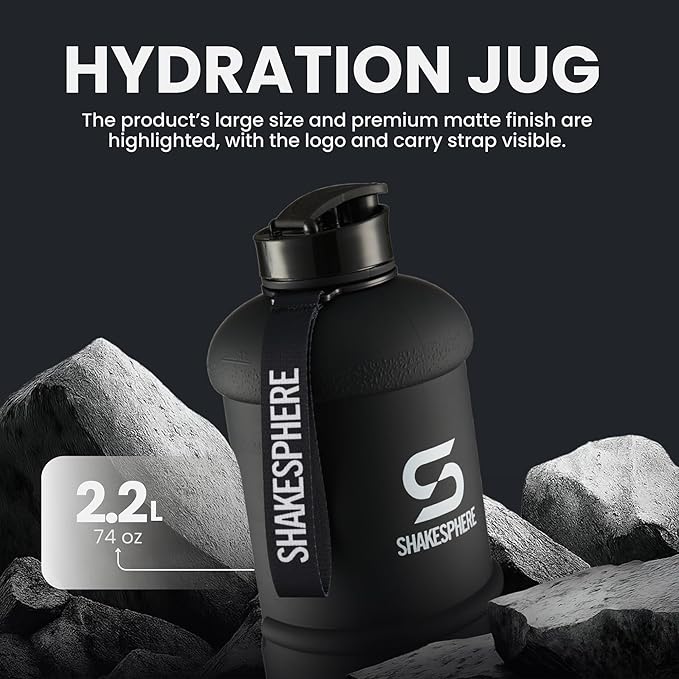 SHAKESPHERE Sports Water Bottle – 2.2L Wide Mouth Water Jug, Leakproof BPA-Free Gym Bottle for Men & Women, Great for Daily Hydration, Training, Travel, Outdoor Activities & Sports – Matte Black