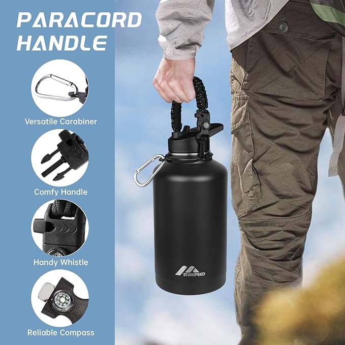 StarSpeed 64oz Insulated Water Bottle with Straws & 2 Lids, Half Gallon Stainless Steel Double Walled Vacuum Water Jug, Large Wide Mouth with Paracord Handle for Gym Camping Hiking, Black