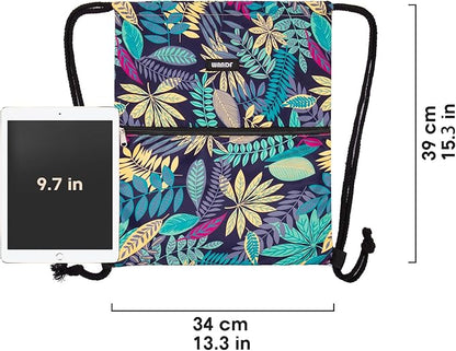 WANDF Drawstring Backpack String Bag Sackpack Cinch Water Resistant Nylon for Gym Shopping Sport Yoga (Blue Leaf.)