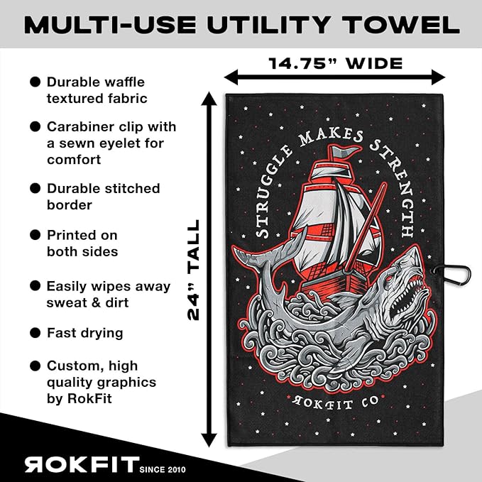 RokFit Gym & Golf Towel – Multi-Use, Quick-Dry, Durable Utility Towel with Bold Graphic and Carabiner Clip (Struggle Makes Strength)