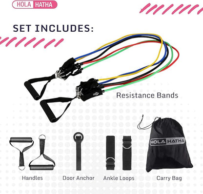 HolaHatha Resistance Band Fitness Set - 100-Pound Max, Home Gym Workout Kit with 5 Bands, Handles, Ankle Loops, Door Anchor, & Carry Bag