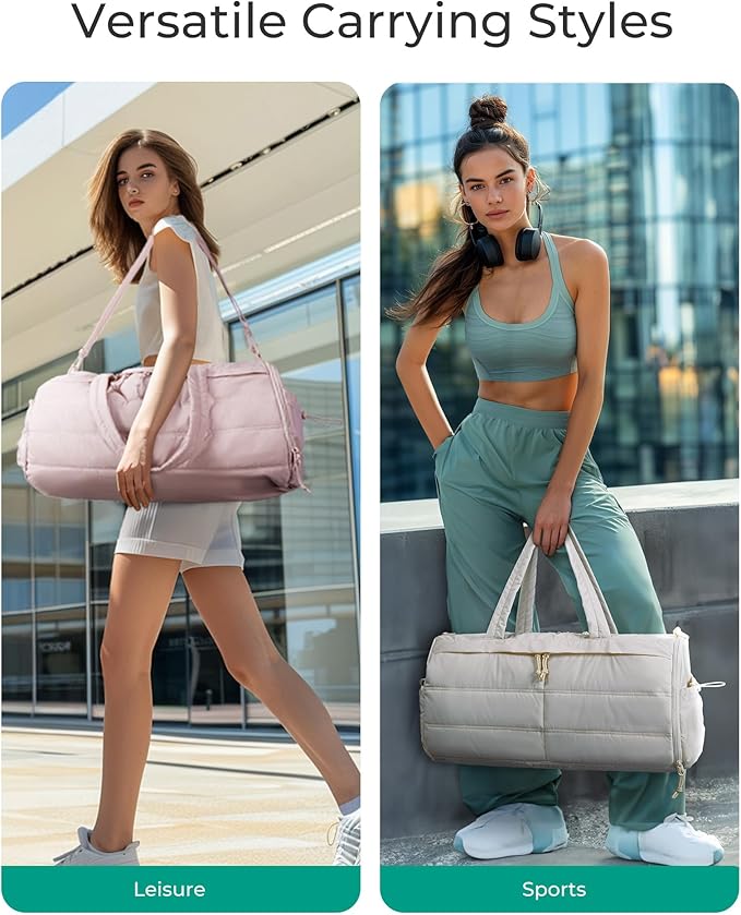 BAGSMART Puffer Gym Bag for Women, Lightweight Duffel Bag with Shoe Compartment, Weekender Bags with Wet Pocket, Workout Overnight Carry on Bag for Travel, Beige