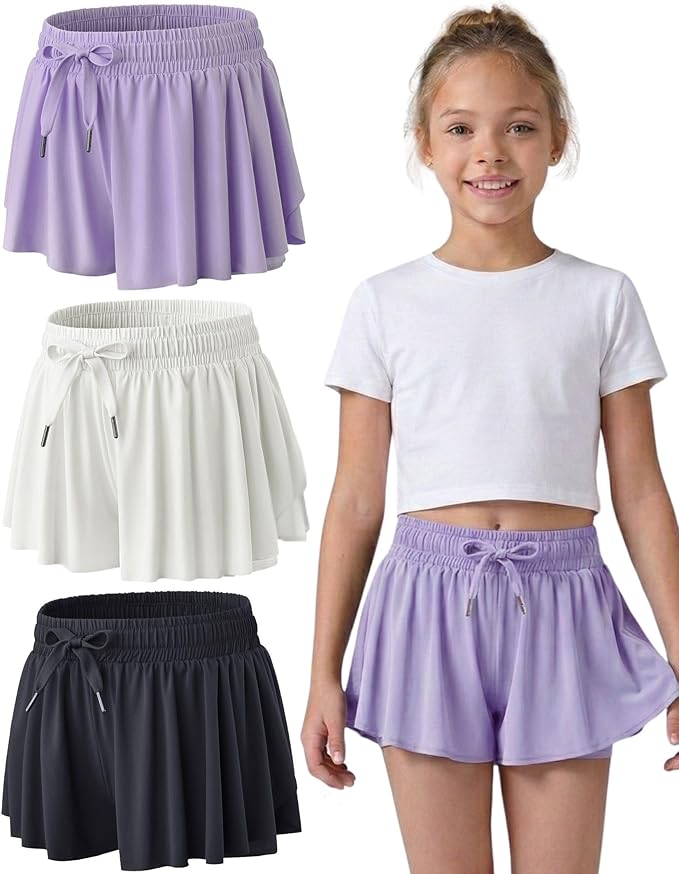 3 Pack Girls Flowy Shorts with Spandex Liner 2-in-1 Youth Butterfly Skirts for Fitness, Running, Sports