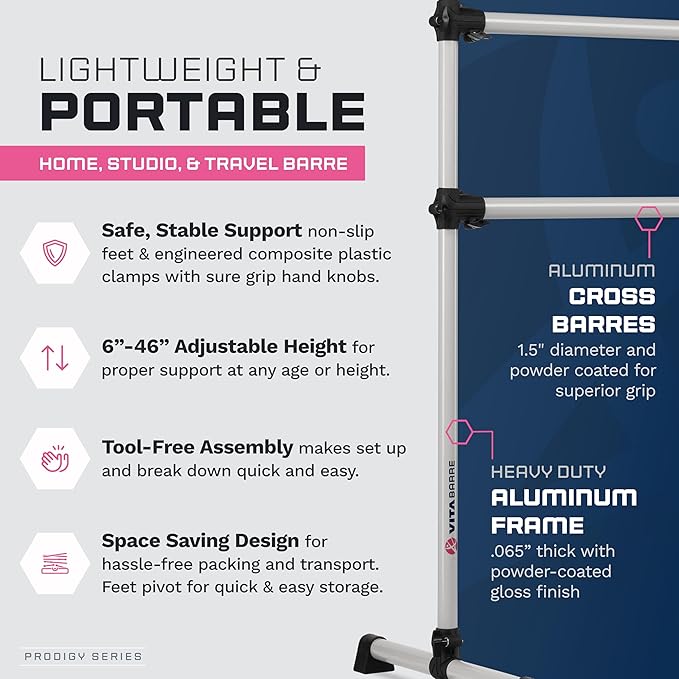 VITA Barre Portable Freestanding Double Ballet Barre, Prodigy, Aluminum | Adjustable Height, USA Made, Home or Gym Exercise Equipment for Kids & Adults | Dance, Fitness, Pilates