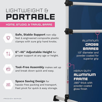 VITA Barre Portable Freestanding Double Ballet Barre, Prodigy, Aluminum | Adjustable Height, USA Made, Home or Gym Exercise Equipment for Kids & Adults | Dance, Fitness, Pilates