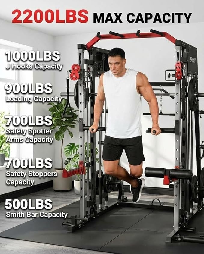 Smith Machine Home Gym All-in-1, 2200LBS Power Cage with Dual Cable Pulley Systems, LAT Pull-Down & Leg Hold-Down | Complete Strength Training Equipment for Full Body Workouts