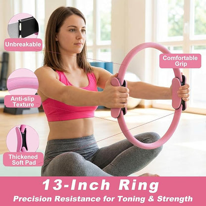 Pilates Kit 14pcs, Home Pilates Workout Kit for Women, Pilates Equipment with 13" Ring, 9.8" Ball, Multiple Resistance Bands, Non-Slip Socks, Workout Guide for Beginners Home Outdoor