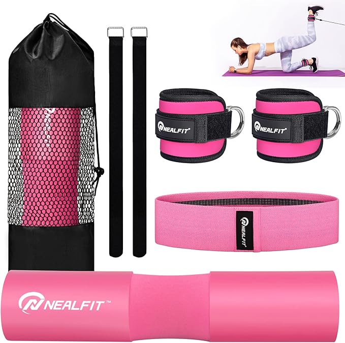Barbell Pad Set for Squats, Lunges and Hip Thrusts, Neck & Shoulder Protective Pad, Standard Olympic Bars with 2 Gym Ankle Straps, Hip Resistance Band, Barbell Pad, Carry Bag
