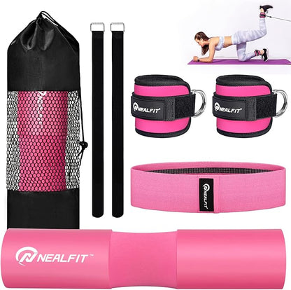 Barbell Pad Set for Squats, Lunges and Hip Thrusts, Neck & Shoulder Protective Pad, Standard Olympic Bars with 2 Gym Ankle Straps, Hip Resistance Band, Barbell Pad, Carry Bag