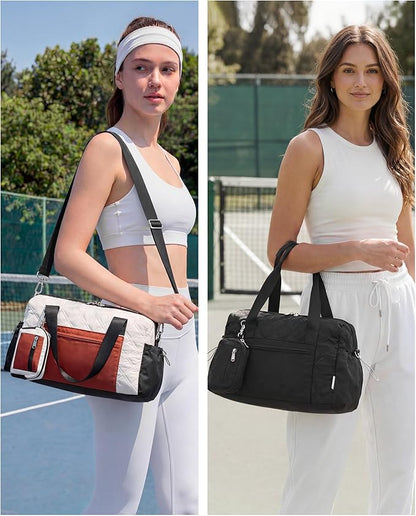 Small Gym Bag for Women, Mini Sports Duffle Bag for Workout Dance Ballet Yoga Gymnastics, Quilted Lightweight Puffer Travel Tote with Detachable Coin Purse & Wet Pocket, Beige-black-brown