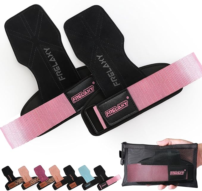 Frelaxy Lifting Wrist Straps Women and Men, Weight Lifting Grips with Cushion Wrist Loop, Double Layer Leather and Storage Pouch, Gym Workout Straps for Deadlift and Powerlifting