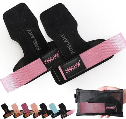 Frelaxy Lifting Wrist Straps Women and Men, Weight Lifting Grips with Cushion Wrist Loop, Double Layer Leather and Storage Pouch, Gym Workout Straps for Deadlift and Powerlifting