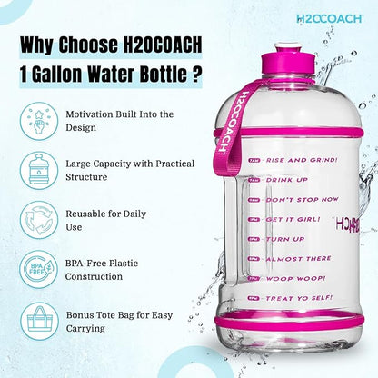 H2OCOACH 1 Gallon Hydration Jug with Time Marker & Measurements, BPA-Free Tritan Sports Drink Container, Motivational Daily Intake Tracker for Gym, Workout, & Fitness Routines (128 oz, Pretty N Pink)