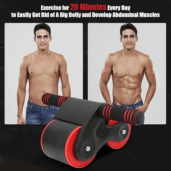Abdomina Roller Workout Exerciser Equipment , Automatic rebounds Abdominal Wheel , Abdominal Roller Machine with Knee Pad for Abdominal Core Strength Training , Home Gym Fitness for Men Women(Red)