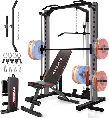 OPPSDECOR Smith Machine Power Rack for Home Gym - All-in-One Power Cage Squat Rack with LAT Pulldown, Cable Machine & Barbell Bar - Multi-Functional Strength Training Equipment