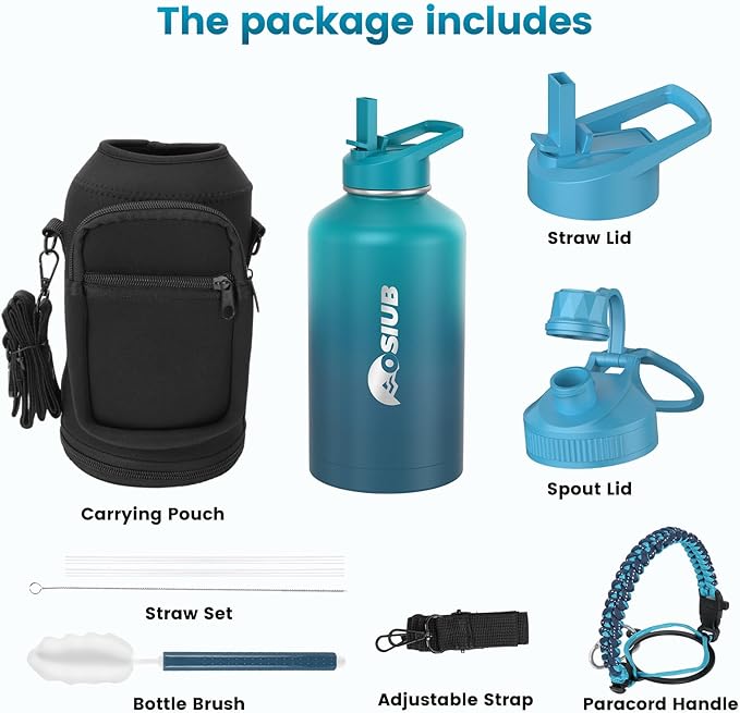 Insulated Water Bottle 64 oz, Triple Wall Vacuum Stainless Steel(Cold for 48 Hrs),Leak Proof & BPA-Free,Half Gallon Water Bottle with Reflective Paracord & Flip Straw for Sports & Travel, Cyan Blue