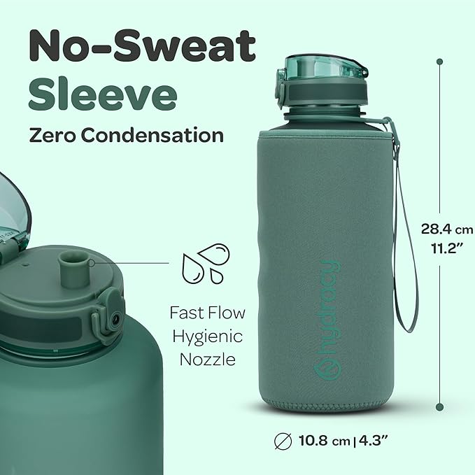 Hydracy Water Bottle with Time Marker -Large BPA Free Water Bottle & No Sweat Sleeve -Leak Proof Gym Bottle with Fruit Infuser Strainer & Times to Drink -Ideal for Fitness Sports & Outdoors