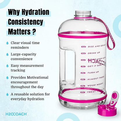 H2OCOACH 1 Gallon Hydration Jug with Time Marker & Measurements, BPA-Free Tritan Sports Drink Container, Motivational Daily Intake Tracker for Gym, Workout, & Fitness Routines (128 oz, Pretty N Pink)