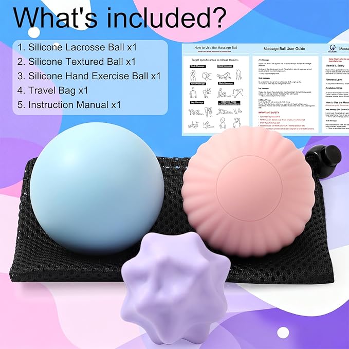 HODEMI Massage Ball Set, 3 Pack Lacrosse Ball, Textured Massage Ball & Trigger Point Ball for Deep Tissue Muscle Massage and Myofascial Release for Back, Neck, Shoulder, Leg and Foot with Mesh Bag