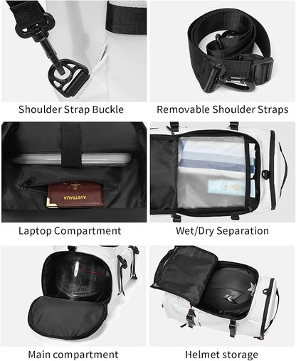 Duffel Bag with Shoe Compartment Travel Backpack Men and Women Waterproof for Gym Motorcycle Helmet (White)