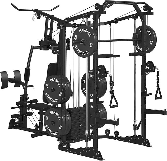 GMWD Dual-Station SmithΔ Machine Power Cage, All-in-One Home Gym Workout Station with 121LB Weight Stacks & Cable Crossover, Professional Functional Trainer for Couples & Family Strength Training