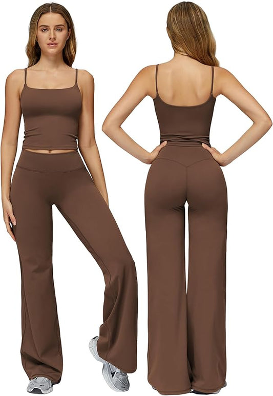 Womens Workout Sets Two Piece Spaghetti Straps Crop Top Matching Straight Leg Pants Gym Work Pilates Outfits