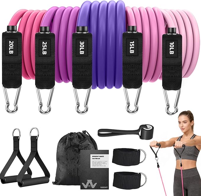WHATAFIT Resistance Bands Set with Handles - Exercise Bands Home Gym Strength Training Equipment, Includes Door Anchor & Ankle Straps for Full Body Workout Bands, Physical Therapy