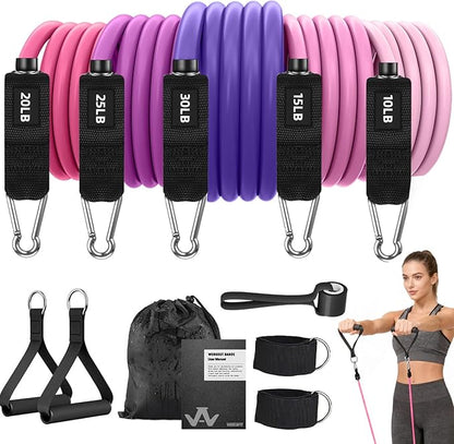 WHATAFIT Resistance Bands Set with Handles - Exercise Bands Home Gym Strength Training Equipment, Includes Door Anchor & Ankle Straps for Full Body Workout Bands, Physical Therapy