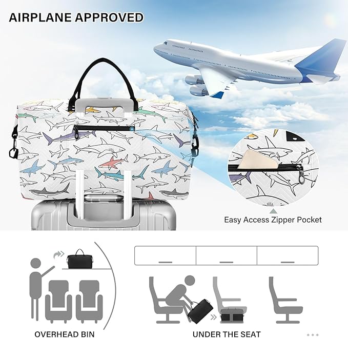 Weekender Bags Travel Duffel Gym Bag Carry on Overnight Tote Bag with Toiletry Bag for Airplane Travel Trip Gym Yoga (Drawing Sharks 2)