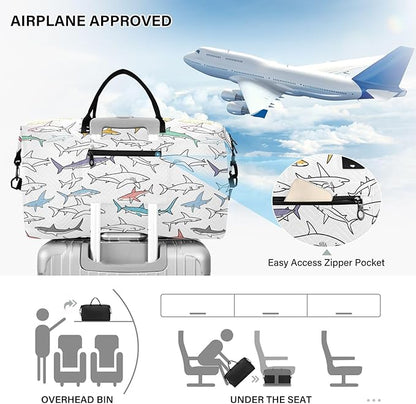 Weekender Bags Travel Duffel Gym Bag Carry on Overnight Tote Bag with Toiletry Bag for Airplane Travel Trip Gym Yoga (Drawing Sharks 2)