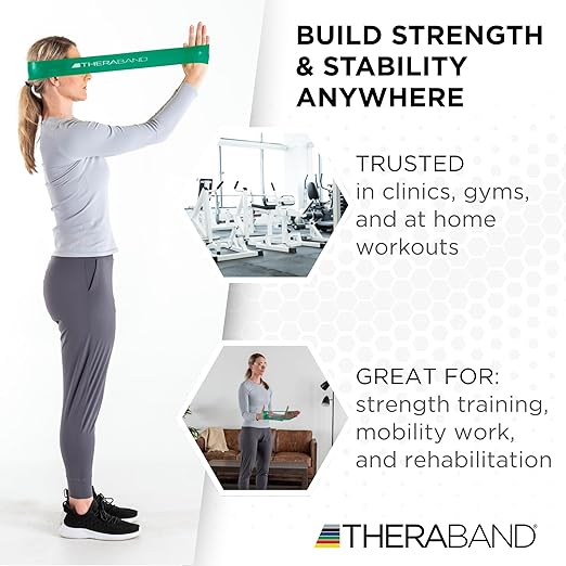 THERABAND Resistance Band Loops, 12" Green, Heavy Resistance, Latex Color-Coded 3" Wide Exercise Band Loop for Home Workouts, Pilates, Strength Training, Physical Therapy, for Women and Men