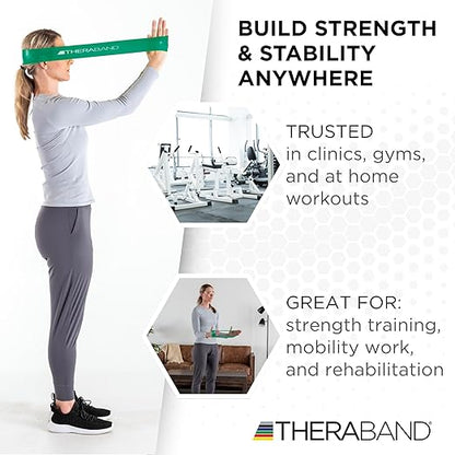 THERABAND Resistance Band Loops, 12" Green, Heavy Resistance, Latex Color-Coded 3" Wide Exercise Band Loop for Home Workouts, Pilates, Strength Training, Physical Therapy, for Women and Men