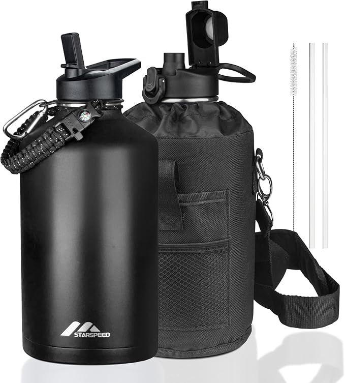 StarSpeed One Gallon Insulated Water Bottle with Straws & 2 Lids, 128oz Stainless Steel Double Walled Vacuum Water Jug, Large Wide Mouth with Paracord Handle for Gym Camping Hiking, Black