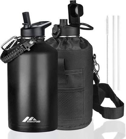 StarSpeed One Gallon Insulated Water Bottle with Straws & 2 Lids, 128oz Stainless Steel Double Walled Vacuum Water Jug, Large Wide Mouth with Paracord Handle for Gym Camping Hiking, Black