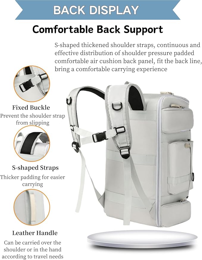 Large Travel Duffle Bags Backpack for Men Women, 50L Sports Gym Bag with Wet Pocket, Waterproof Carry On Backpack Weekender Overnight for Workout, Fitness, Outdoor, Business Light Grey