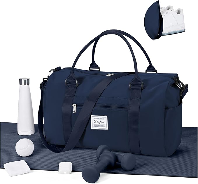 Gym Bag for Women Men with Shoes Compartment,Sports Duffle Bag Personal item travel Duffel Bags Tote Bag Small Carry on Weekender Overnight Bag Workout Dance Bag Hospital Holdalls Dark Blue