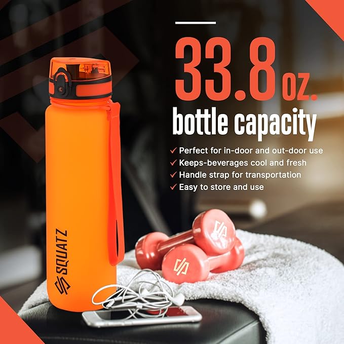 SQUATZ 34 Oz Poseidon Series Frosted Water Bottle - Premium Quality Wide Mouth Gym Flask with Fruit Infuser Strainer, Fixed Carrying Strap, Leak Resistance, and Zero Condensation Orange