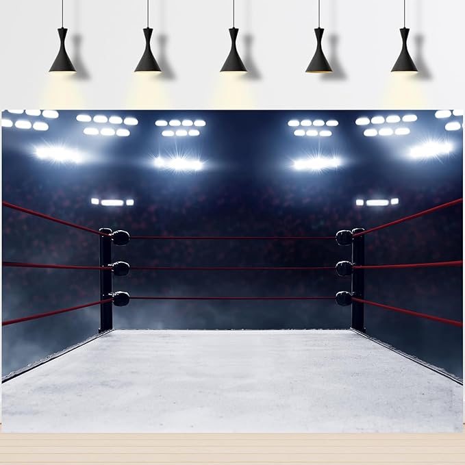 Boxing Ring Backdrop Boxing Arena with Stadium Light MMA Photography Backgrounds Boxing Theme Party Decorations Wrestling Arena Backdrops Man Boys Portrait Photo Studio Banner Props 20x10ft
