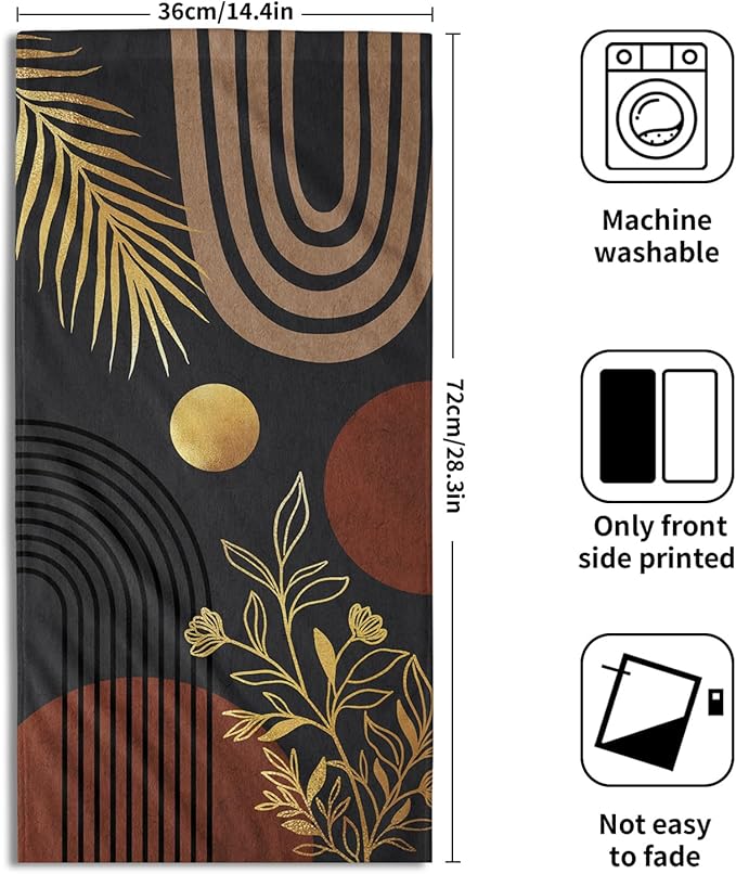 Black Boho Modern Kitchen Towels Set of 2 Abstract Mid Century Soft Absorbent Face Towels Retro Gold Leaves Tea Dish Towels Housewarming Gifts for New Home Bathroom Hotel 14"x28"