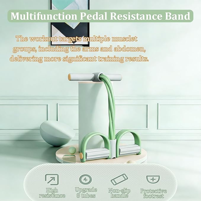 8 Tube Pedal Resistance Device, Enhance Synthetic Rubber Pedal Resistance Band with Handle for Arm/Abdomen/Waist/Leg Stretching & Shaping Exercises (Grayish Green)