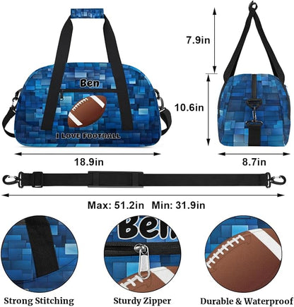 Custom Sports Gym Bags for Boys, Overnight Duffel Bags Workout Training Personalized Sport Gym Bag Travel Practice Gymnastics Duffel Bag, I Love Football Blue Geometric Pattern