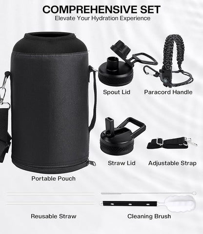 1 Gallon Water Bottle Insulated(COLD for 36 Hrs), Non-BPA & Leak Proof, 128 oz Sports Stainless Steel Water Jug Large with Paracord Handle, Straw & Spout Lid, Magic Black
