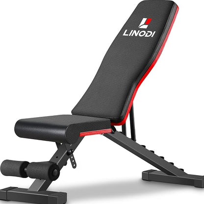 LINODI Adjustable Weight Bench for Home Gym，Foldable Incline Decline Flat Workout Bench for Full Body Strength Training, Dumbbell Press & Ab Exercises