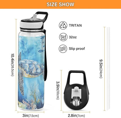 Fustylead Watercolor Sea Turtle Swimming in Ocean Tritan Water Bottle with Straw and Lids, 32 oz Reusable BPA Free Sport Water Bottle for Gym Camping Hiking Travel
