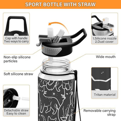 Burbuja Magical Black Cats 32 oz Water Bottle with Straw Lid, Leakproof & BPA Free Tritan Bottle for Gym Fitness Outdoor Sports