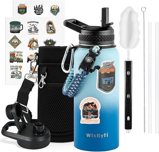 32 oz Insulated Water Bottle with Straw, Stainless Steel Triple Wall Vacuum Sports Water Jug, Leakproof Hydro Cup Flask with Paracord Handle & Straw Spout Lids & DIY Stickers