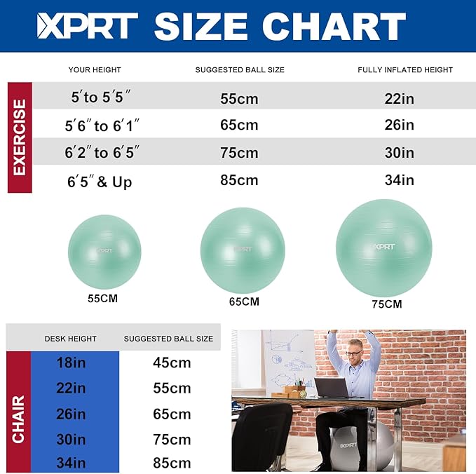 XPRT Fitness Exercise Ball (55/65/75cm) - Yoga Ball for Home Gym Workout, Physical Therapy, Balance, Stability Training - Office Ball Chair with Quick Pump (5 Colors)