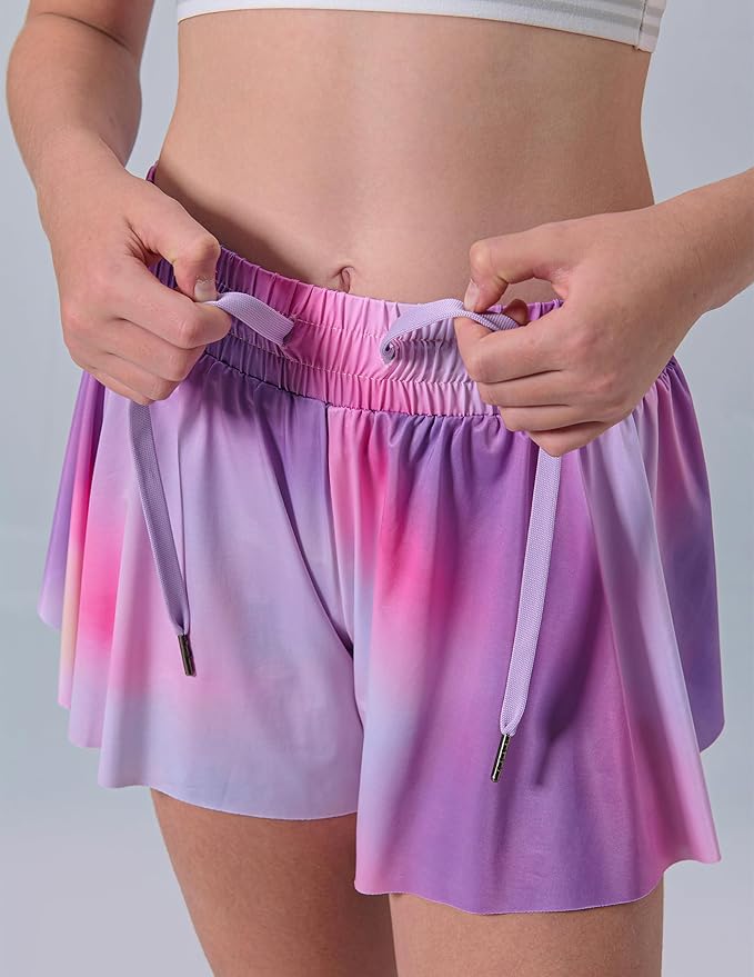 3 Pack Girls Flowy Shorts with Spandex Liner 2-in-1 Youth Butterfly Skirts for Fitness, Running, Sports